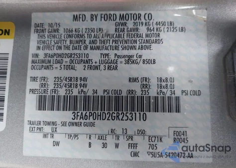 2016 Ford Fusion Se из США, поврежденный, VIN 3FA6P0HD2GR253110